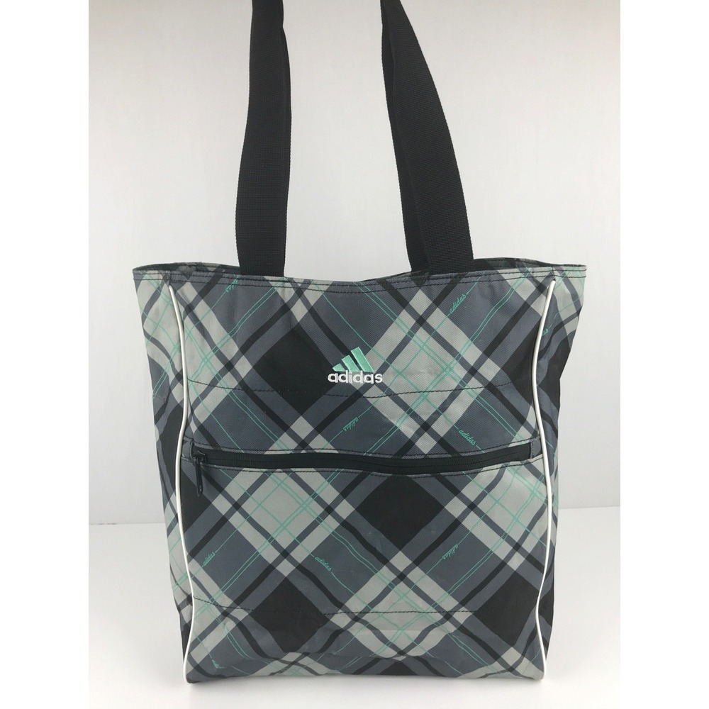 Adidas Plaid Tote Bag Women's Black Gray Teal Zipper Pocket Carryall
